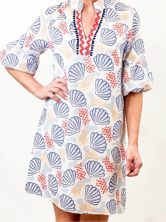 THML Dresses & Skirts - THML White Dress with Blue Shells and Coral Accents and Tic Rac detail